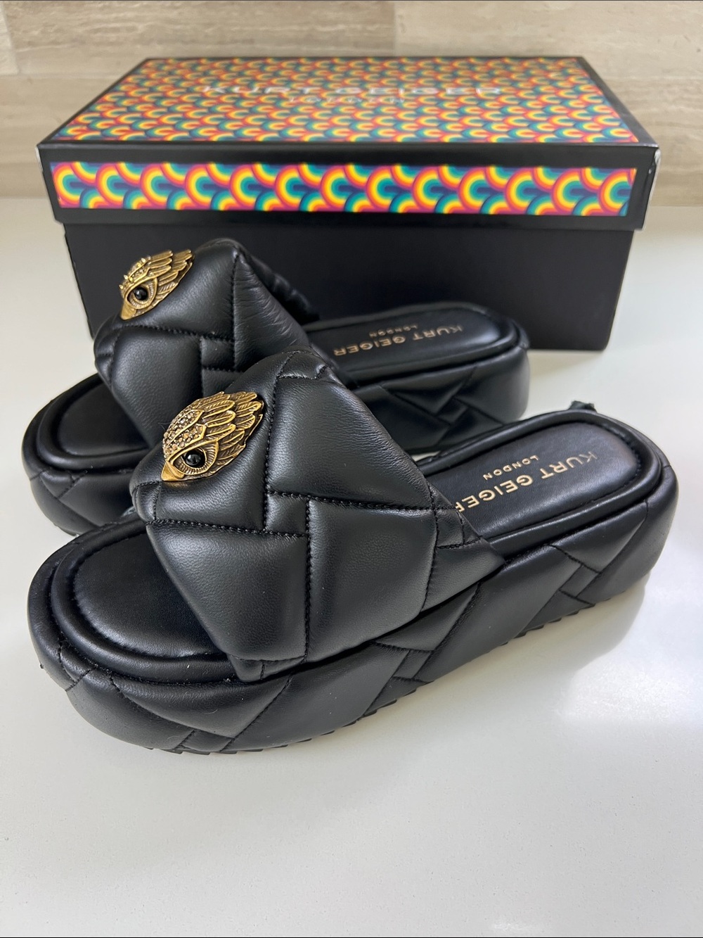 Kurt Geiger kensington puff faux leather platform open toe sandals chunky heels